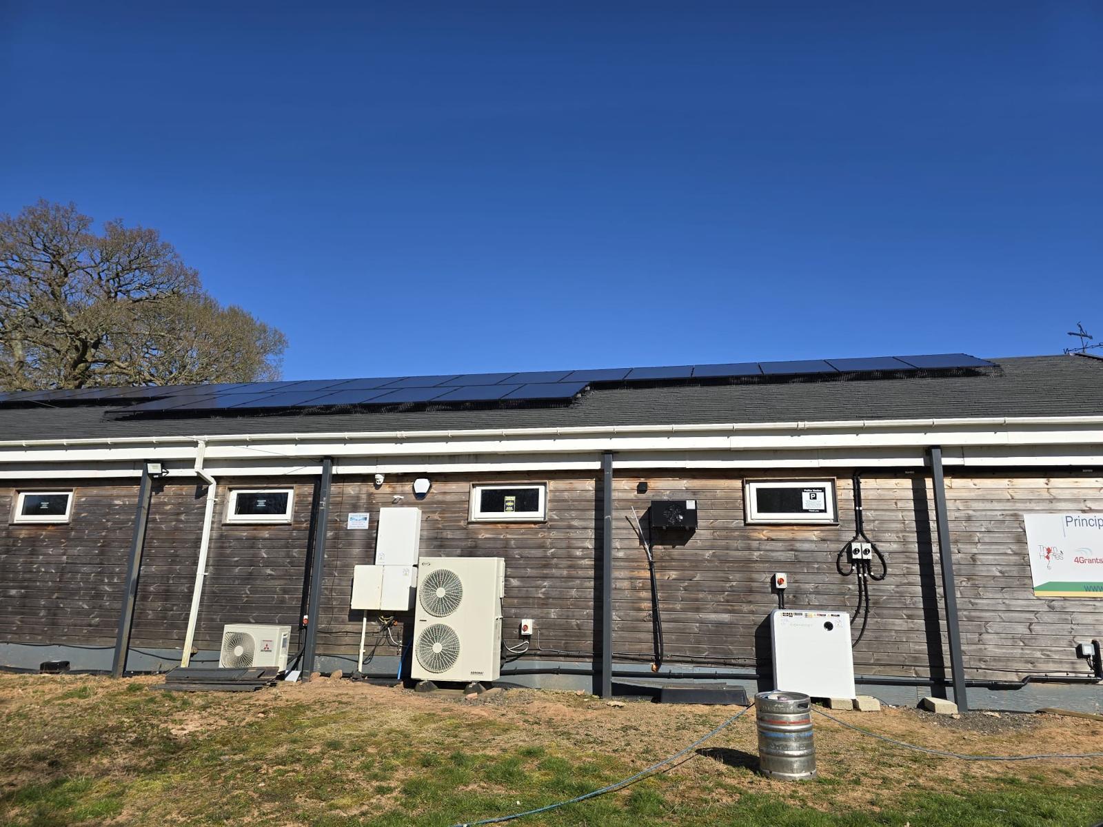Front view of solar panels on the roof of Alveley Cricket Club